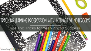 a graphic that says "Tracking learning progression with interactive notebooks" with a photo of notebook and school supplies