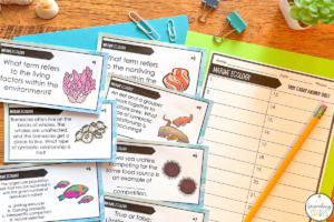 Marine ecology task cards with an answer sheet, pencil and school supplies