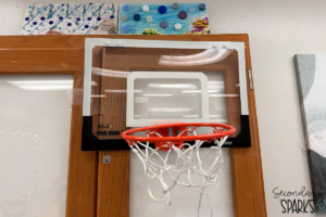 Basketball hoop on a cabinet