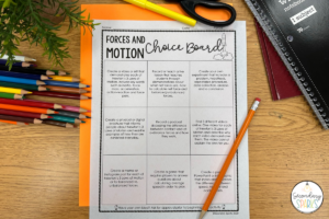 force and motion choice board with supplies