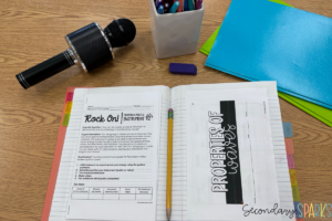 interactive science notebook with sound waves project-based learning notebook glued in. Also properties of waves notes with microphone, pens and folders