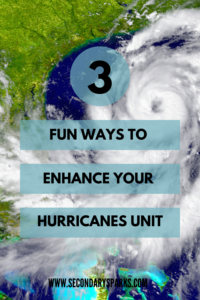 hurricane on a map approaching the united states with text overlay reading " 3 fun ways to enhance your hurricanes unit"