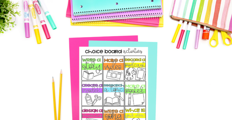 Choice board menu on colorful cardstock with school supplies