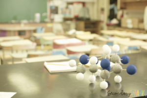 Molecule on teachers desk in a science classroom