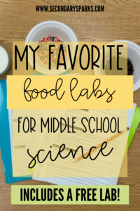 Ingredients for ice cream lab on a table with text overlay reading "my favorite food labs for middle school science"