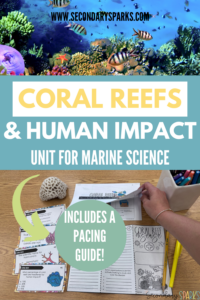 Coral reef image with biodiversity. On the bottom, coral reef task cards, coral reef notes and coral reef disease brochure