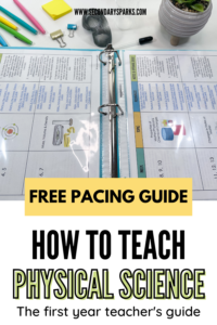 Physical science curriculum map in a binder with surrounding school supplies. text overlay reads "how to teach physical science: the first year teacher's guide"