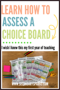 Choice board templates laminated to represent menus. School supplies to be used for choice projects laid on the table next to choice menus.