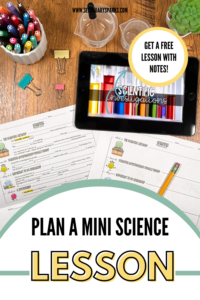 Scientific method lesson with guided notes on an ipad. Both on a table with school supplies.