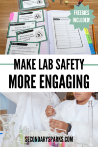 Pinterest pin with lab safety task cards and middle school students performing a lab. Title included "make lab safety more engaging"