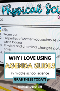 Pin titled "Why I love using agenda slides in middle school science" with an image of a physical science agenda slide on a large screen