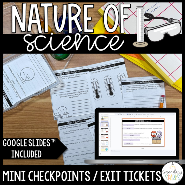 nature of science checkpoints and exit tickets on table with laptop showing google slides version