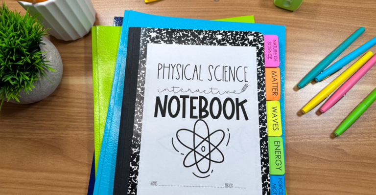 Interactive science notebook titled "physical science" with tabs labeled nature of science, matter, energy, waves, forces and motion