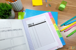 Interactive science notebook with a table of contents page and school supplies