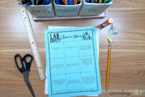 lab saefty choice board on blue cardstock showcasing different activities middle school science students can do
