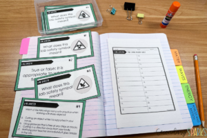 lab safety task cards laying on an interactive science notebook