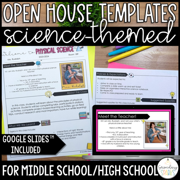 Welcome to physical science meet the teacher open house parent document on a table with a laptop showing a slide that matches the document. Title reads "open house templates science themed"