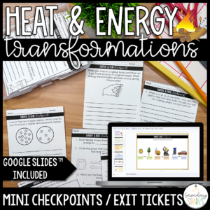 energy exit tickets on a brown table with a laptop image showing digital version of energy exit tickets. Title says" heat and energy transformations exit tickets"