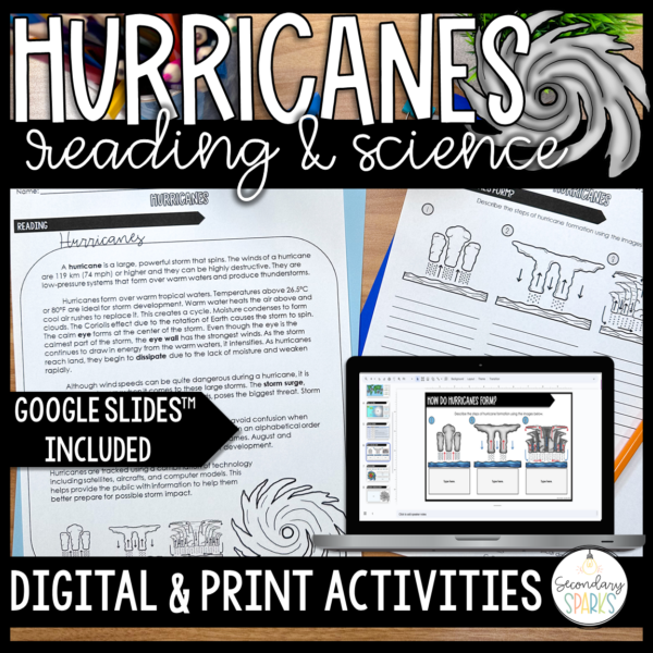 Hurricanes worksheet on a table with an image of a laptop showing digital version. Title reads "hurricanes reading and science digital and print activities"