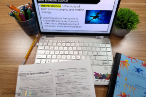 history of marine science lesson powerpoint on laptop with guided notes and school supplies