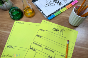 science lab report template on yellow paper with science equipment and supplies surrounding