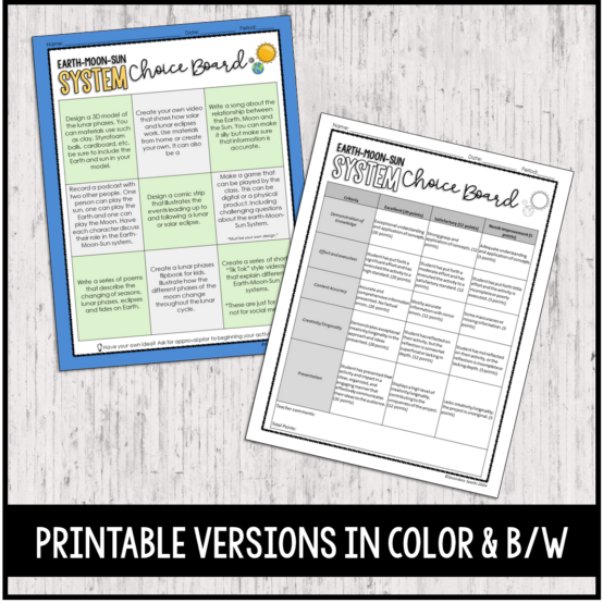 Earth Moon Sun System Choice Board - Editable and Google Slides ...